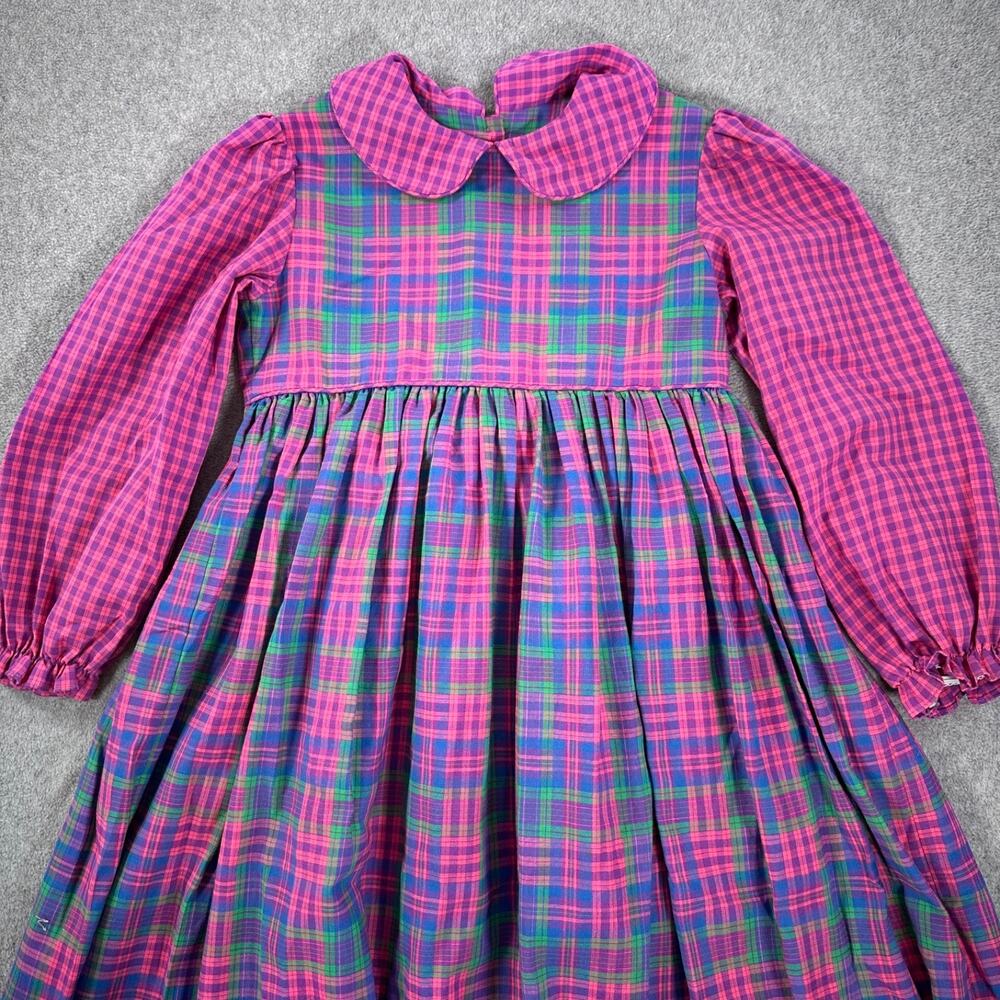 Rags From Richards Girls Size 7 Dress Pink Purple Plaid Peter Pan Collar Bow - Picture 2 of 7